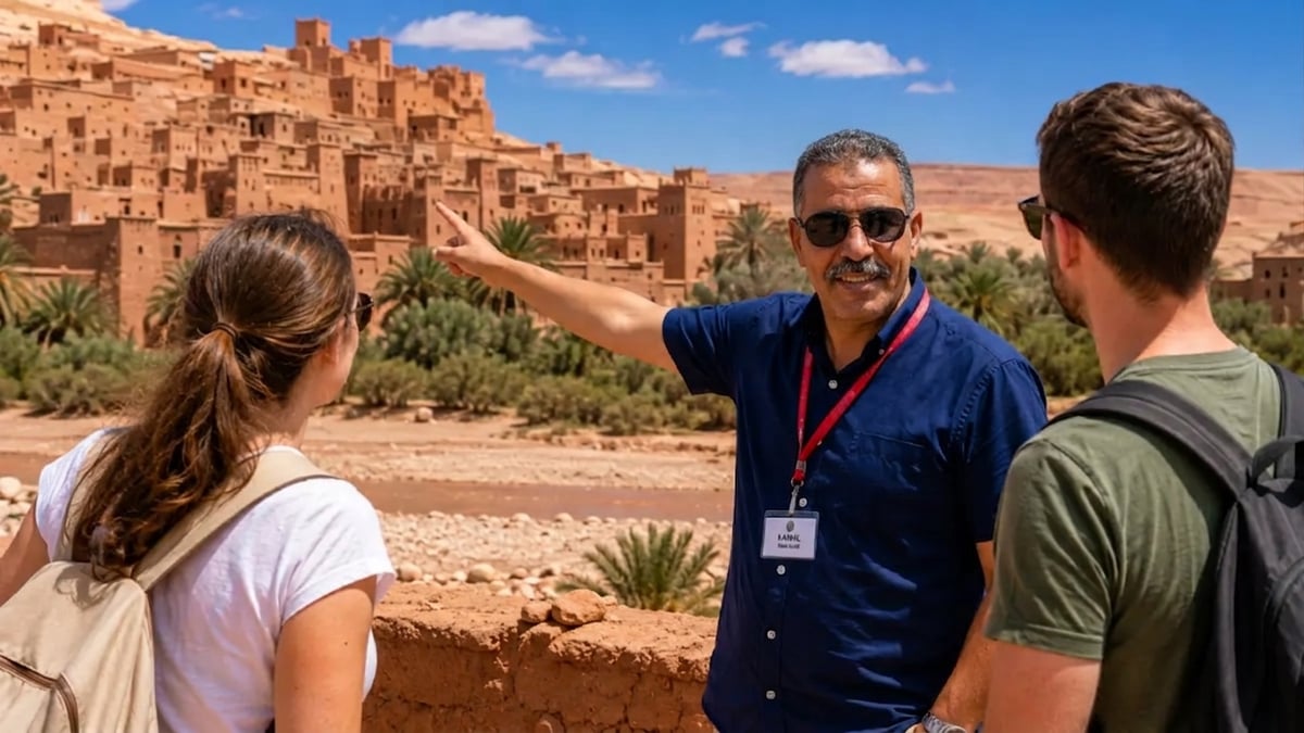 A licensed Moroccan guide showing a small group a medina landmark, no clear faces