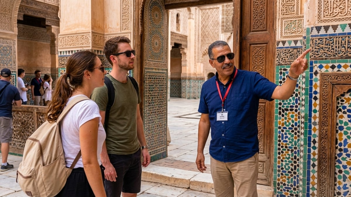 A guide and travelers at a Fez madrasa doorway with tilework, no clear faces