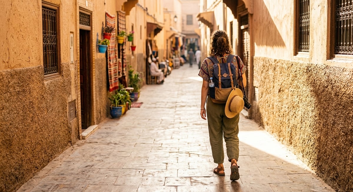 A woman traveler walking through a sunlit medina lane seen from behind, no identifiable face