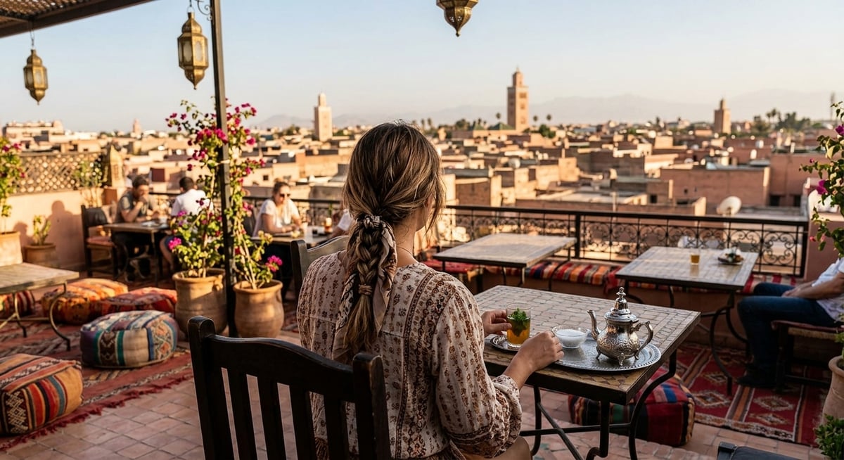 A woman having mint tea at a rooftop cafe overlooking a Moroccan city, from behind or side, no clear face
