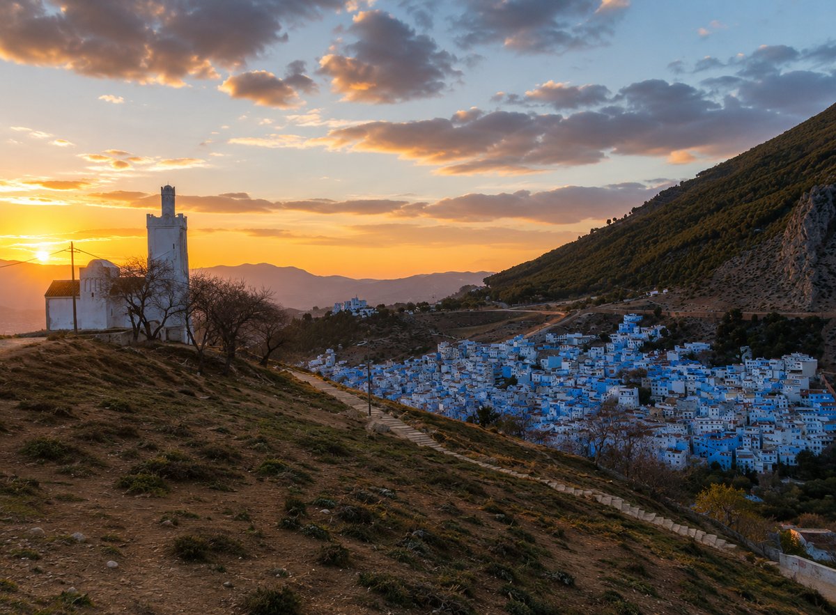 The panoramic view of blue Chefchaouen from the Spanish Mosque at sunset, no faces