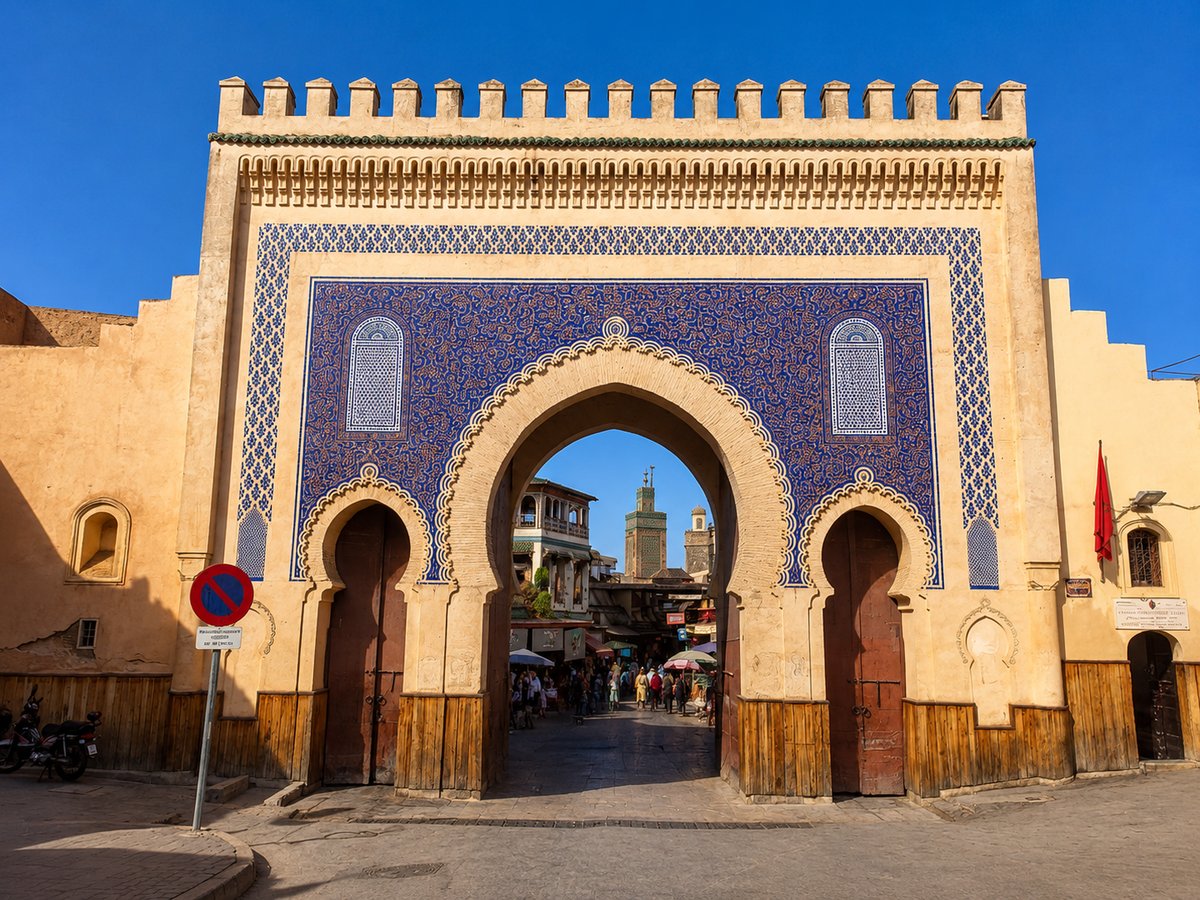The Blue Gate (Bab Bou Jeloud) of Fez with its tilework, no clear faces