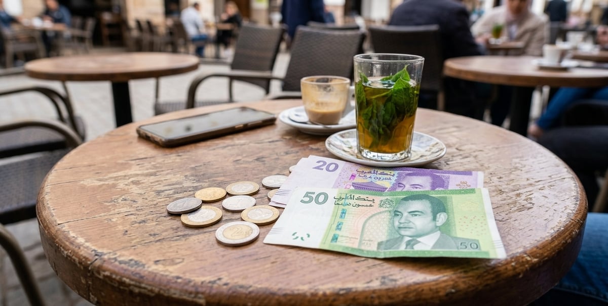 A few small Moroccan dirham coins and notes on a cafe table, no faces