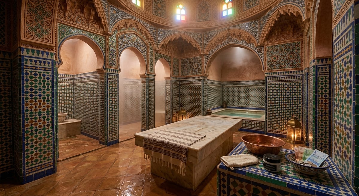 A hammam interior or spa setting in Morocco, tiled, no people