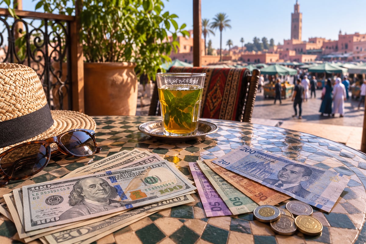 US dollar bills beside Moroccan dirham notes on a table, no hands