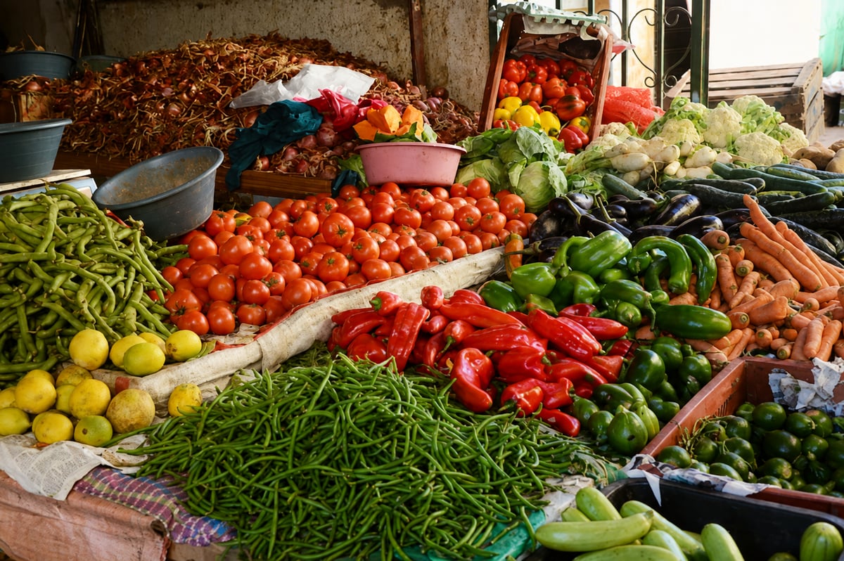 A market stall of fresh vegetables and legumes in Morocco, no faces