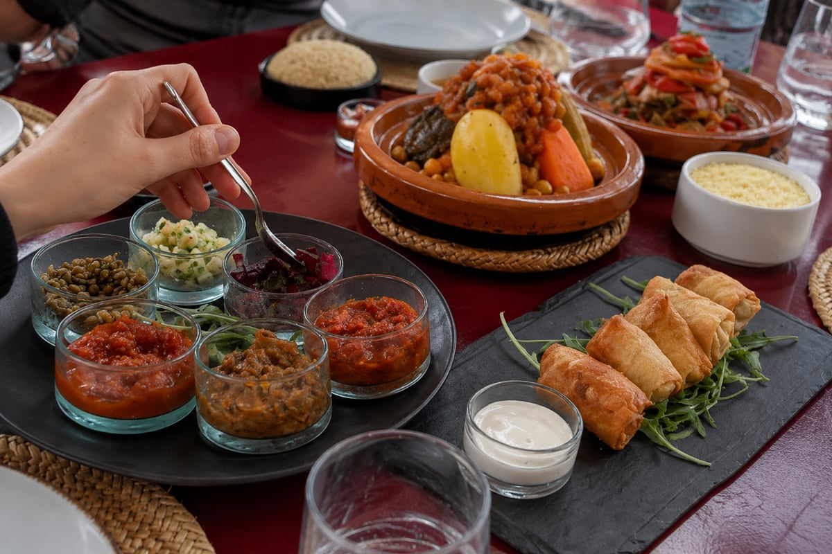 A spread of Moroccan dishes including tagine and salads on a table, no faces