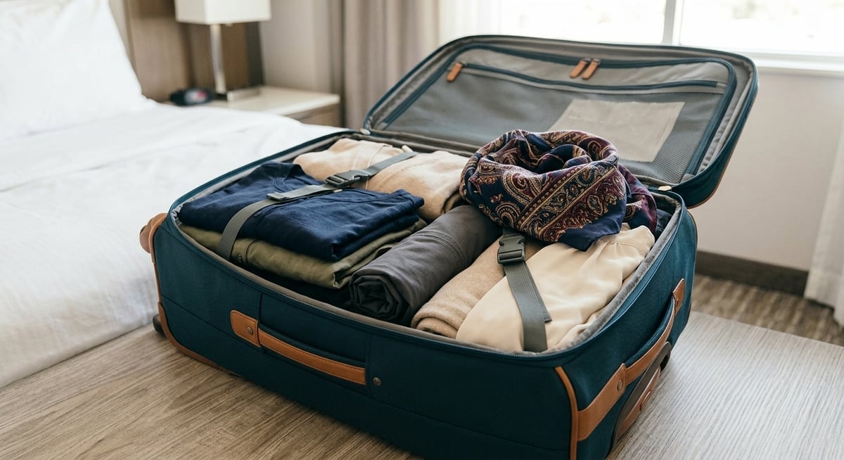An open carry-on bag with folded modest travel clothing and a scarf, no faces