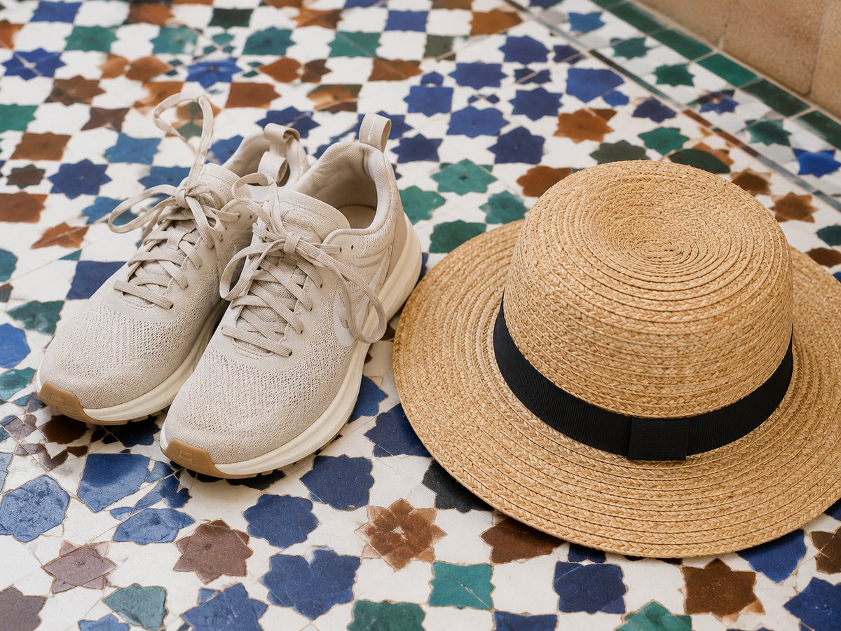 Comfortable walking shoes and a sun hat on a tiled Moroccan floor, no faces