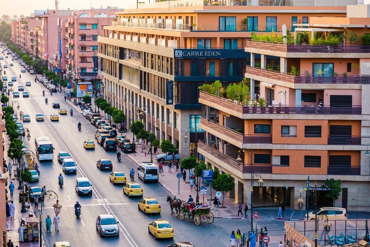 A quiet residential street in Gueliz with cafes and modern buildings, no faces