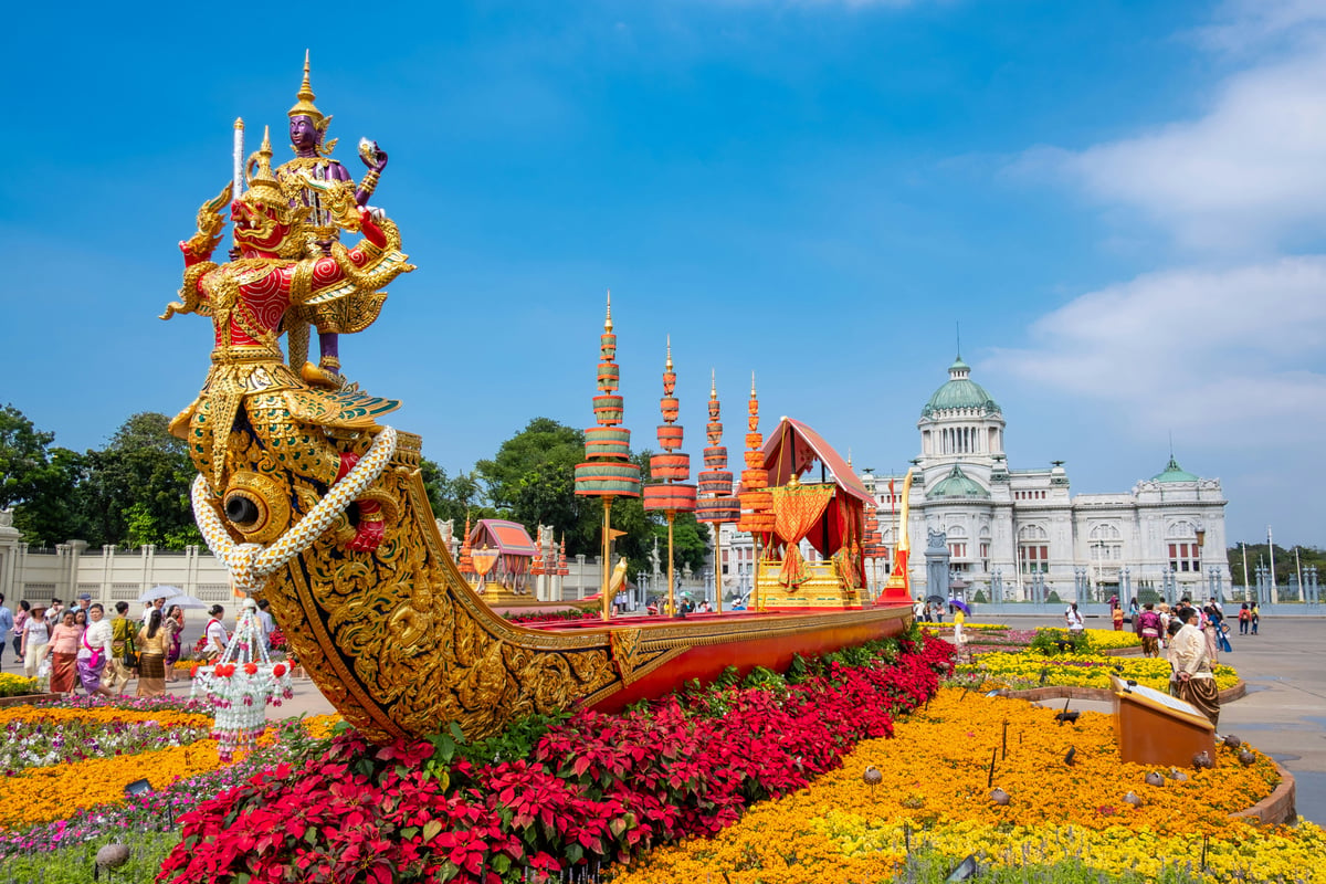 A montage-feel hero — Bangkok temple, northern mountains, and an island beach