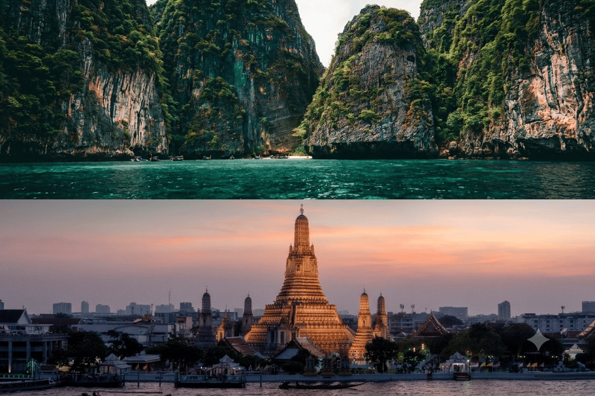 A split-feel hero of a Bangkok temple and an island beach