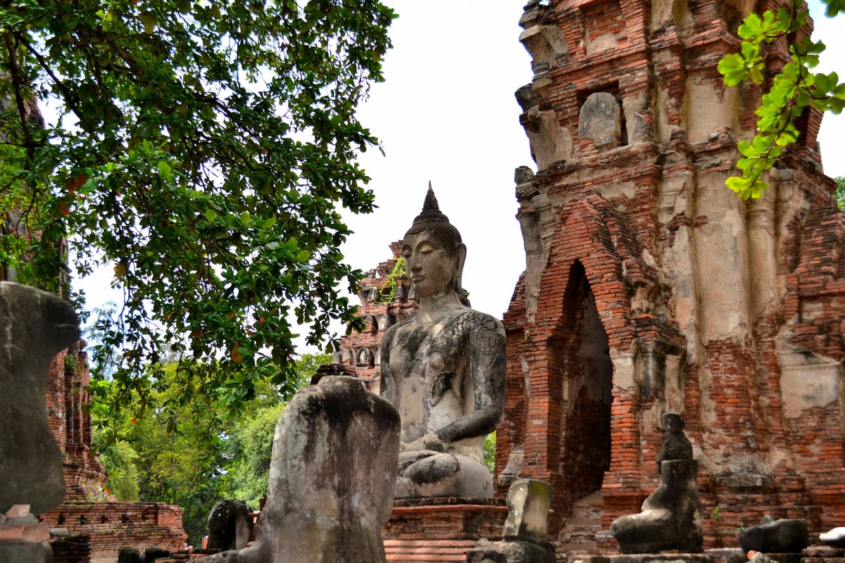 Ayutthaya's brick temple ruins and prang towers