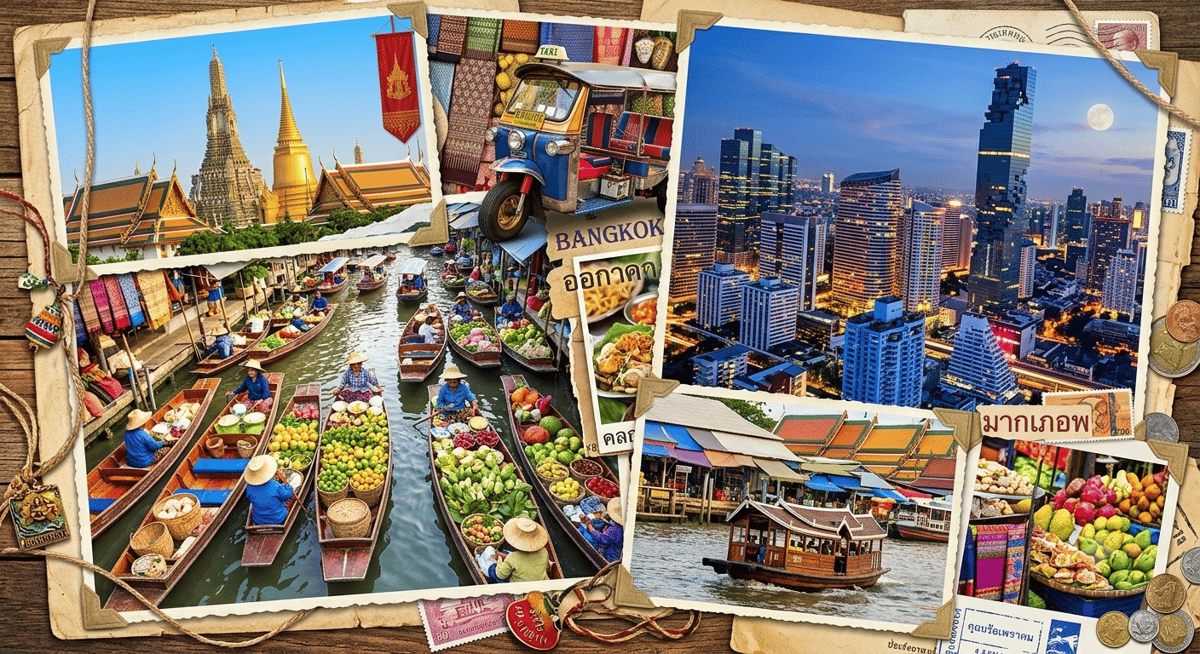 A vibrant Bangkok collage feel — temple, market, and skyline