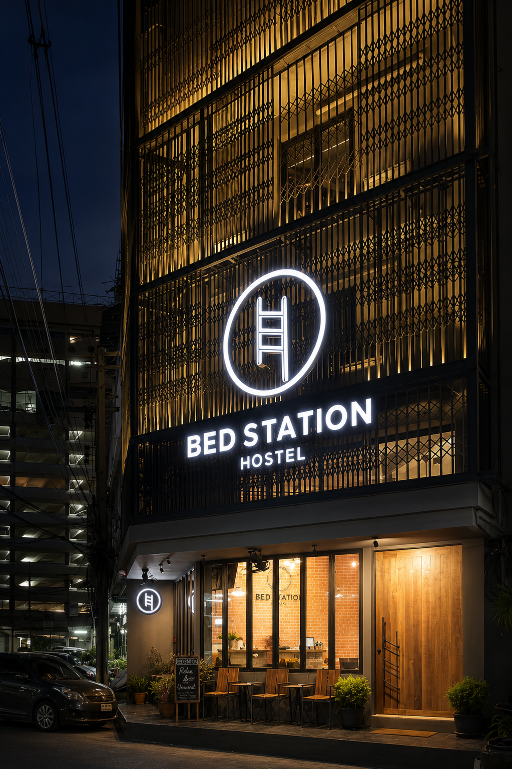 A clean, stylish Bangkok hostel common area or a budget hotel room