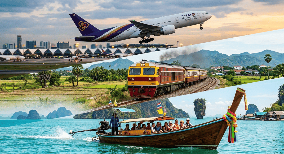 A montage feel of Thai transport — a plane, a train, and a longtail boat