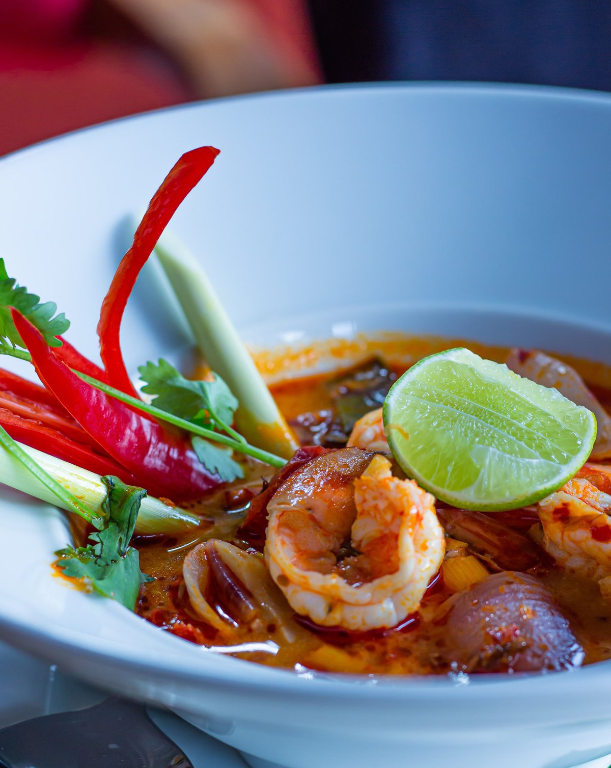 Fresh Thai herbs, chilies, and curry paste ingredients