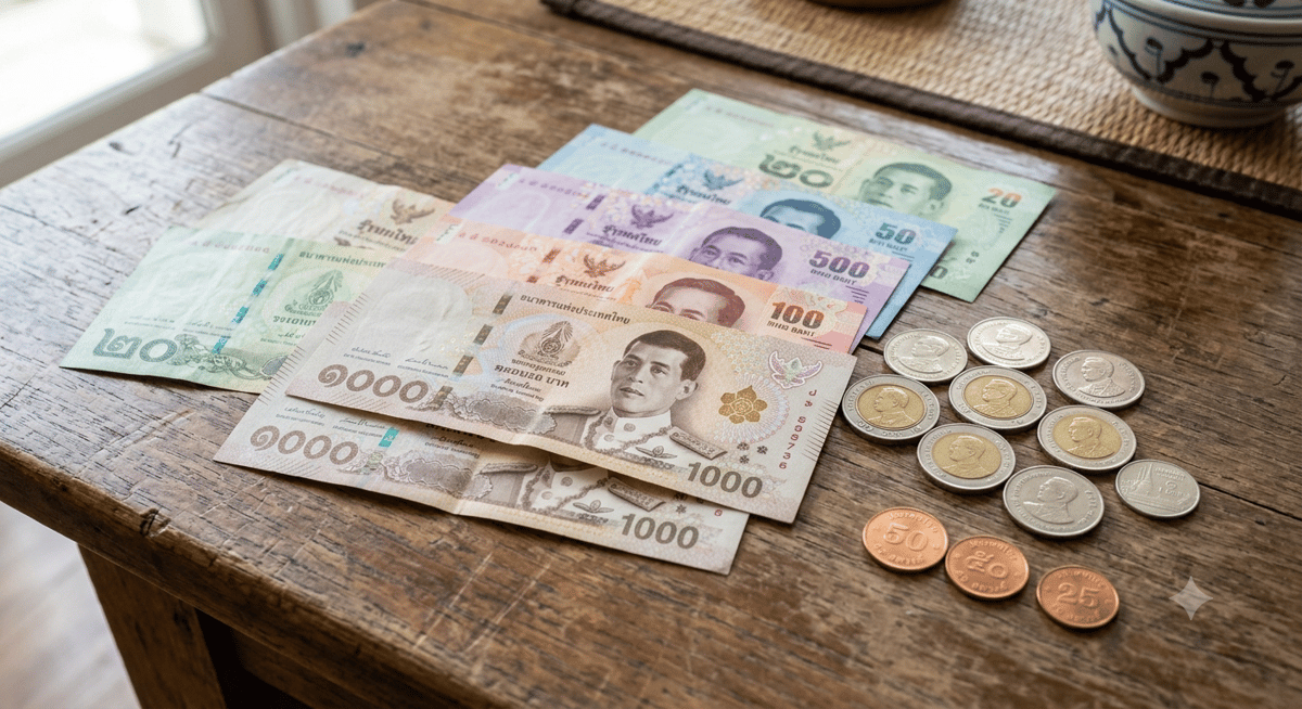 Thai baht banknotes and coins, or a market money exchange