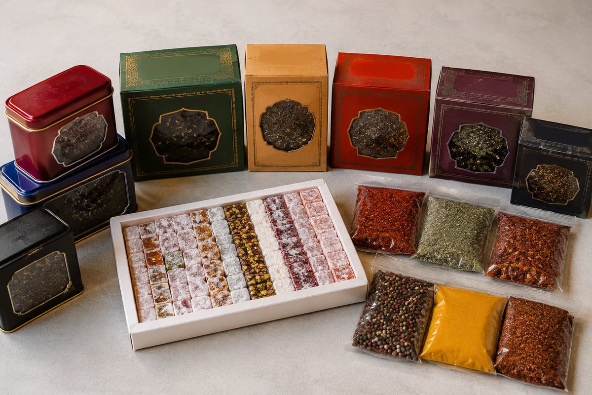 packaged Turkish delight, tea and spices in sealed retail packaging, flat lay, no branding legible
