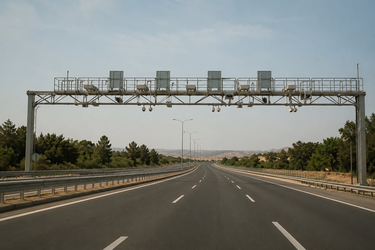 an electronic toll gantry over a Turkish motorway, no vehicles or distant only, daylight