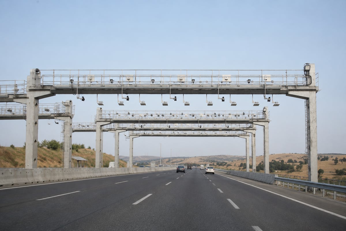a motorway toll gantry in Turkey, no vehicles or distant vehicles only, daylight, no readable plates