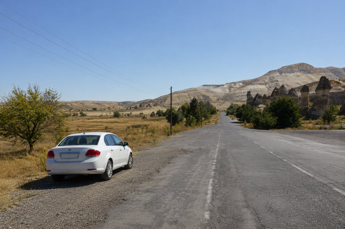 an ordinary Turkish road scene with a car pulled onto the verge, no damage visible, no people, no plates
