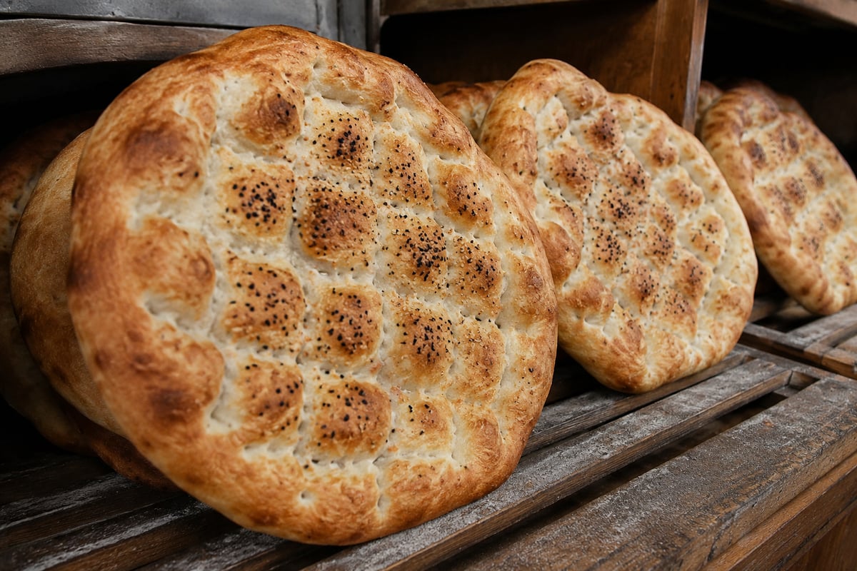 stacked Ramazan pidesi fresh from a bakery oven, close on the bread, no faces, no shop signage