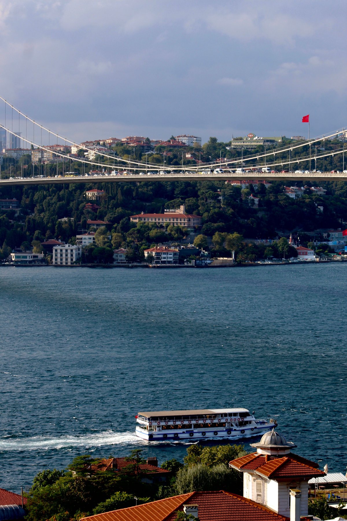 Wide view of the Istanbul skyline at golden hour with the Blue Mosque and Hagia Sophia, ferries on the Bosphorus
