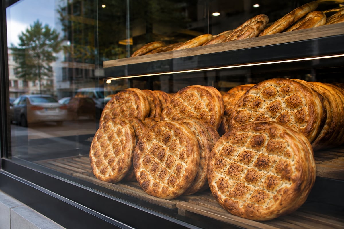 bakery window with Ramazan pidesi stacked for sale, daytime, close on the bread, no faces