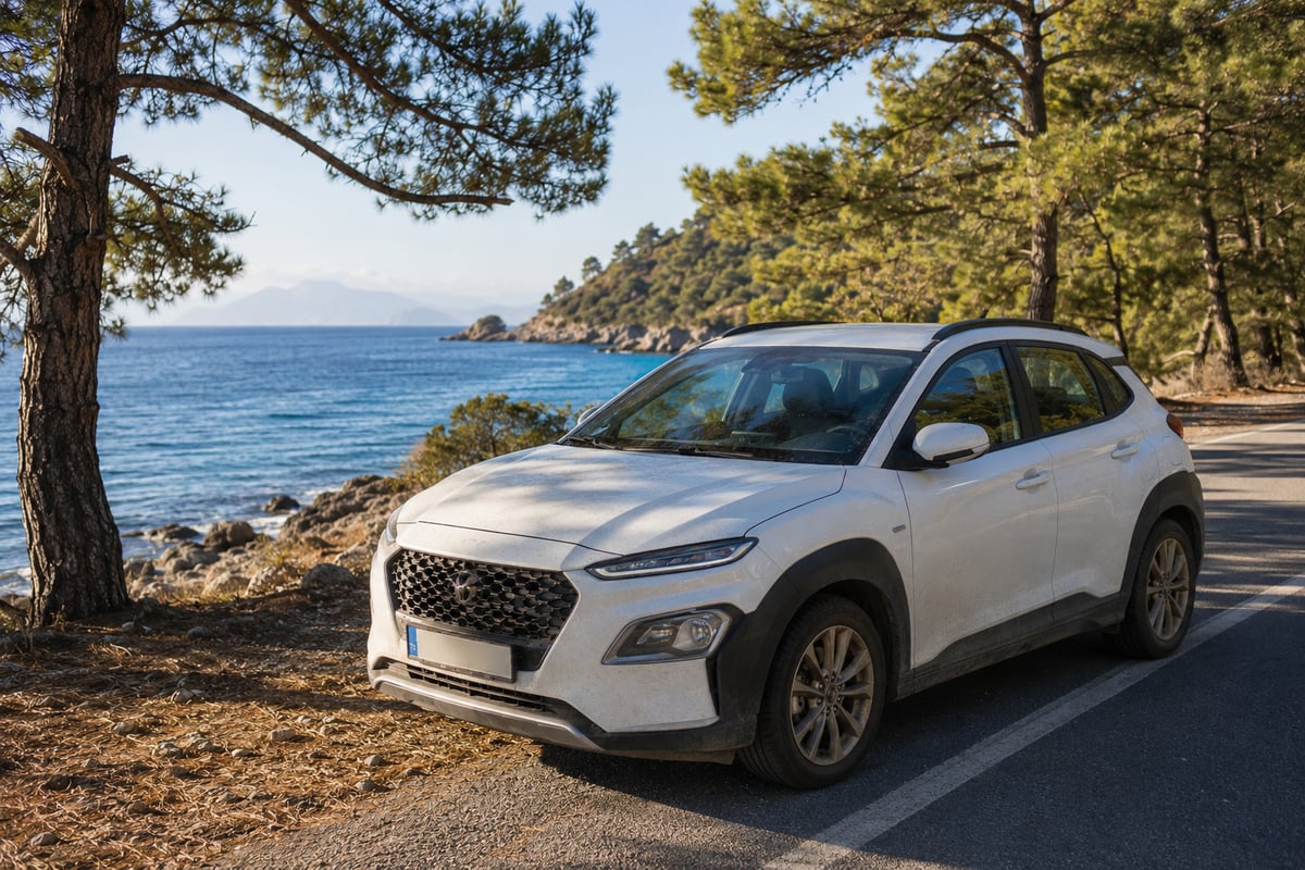 a rental car parked on a Turkish coastal road, exterior, no plates readable, no people