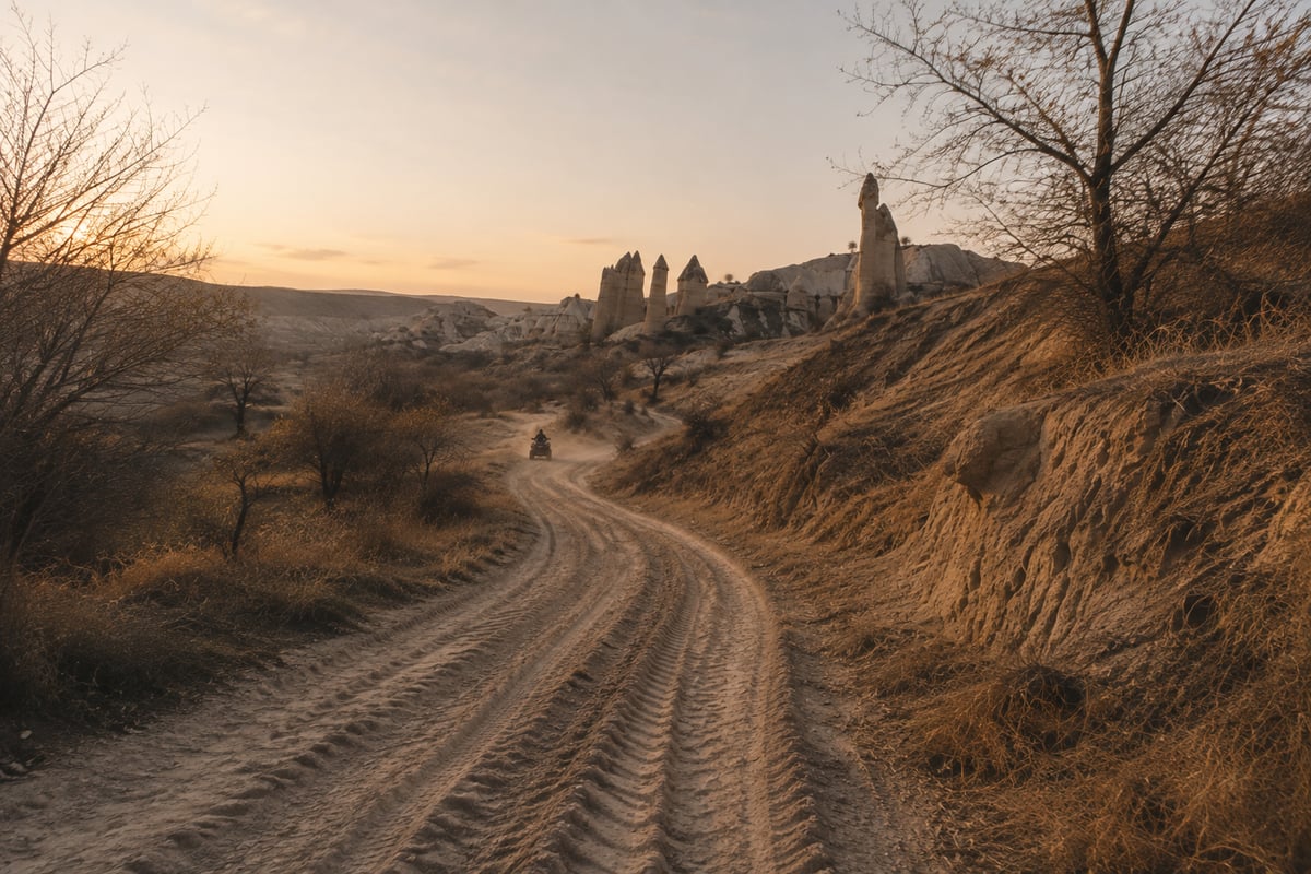 ATV tracks in Cappadocia's valleys, landscape wide, machines distant or absent, no riders, no faces