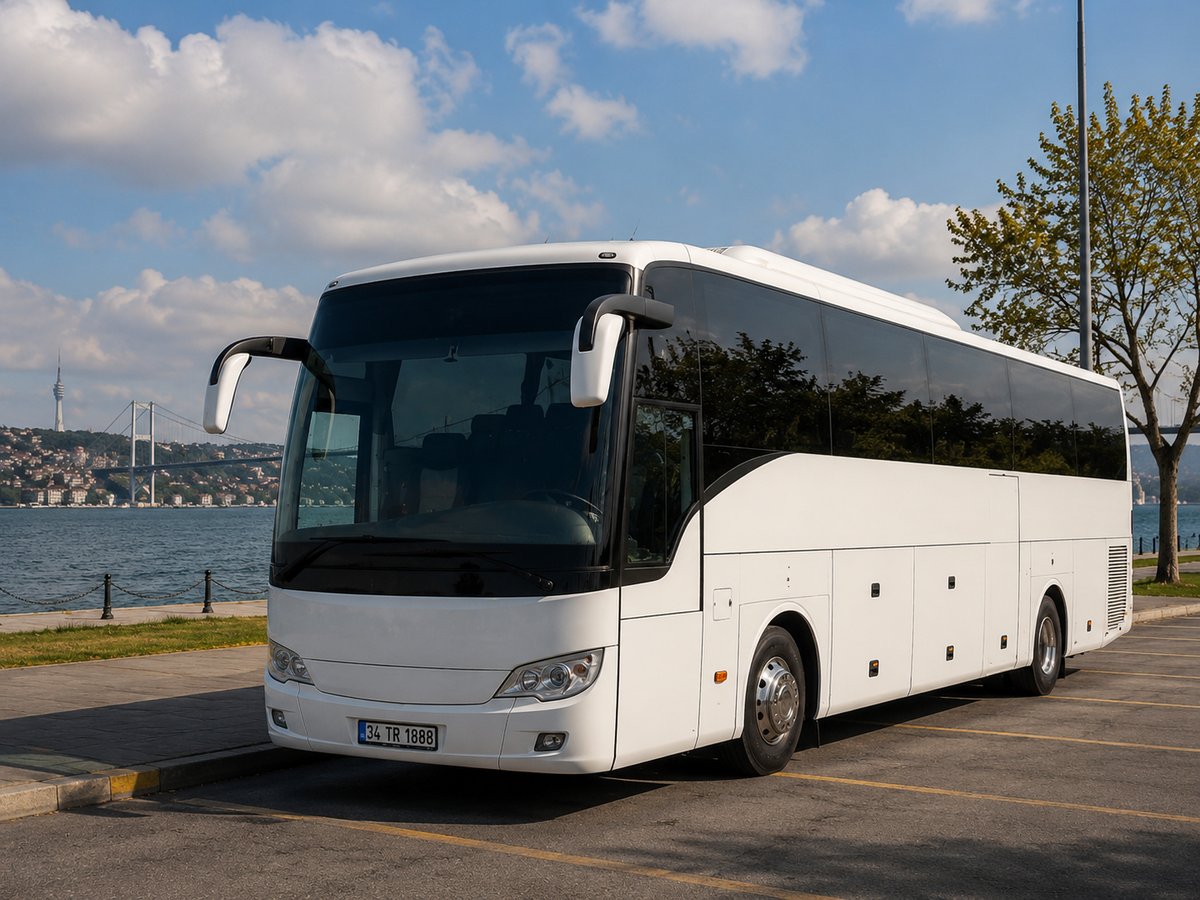an intercity coach on a Turkish highway or at a modern bus terminal, exterior, no passengers