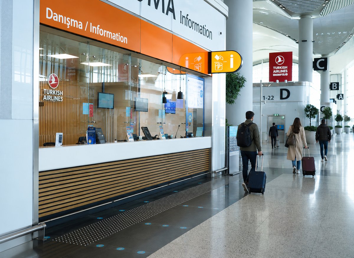 an airport information or service desk, unattended, wide shot, no people, no branding