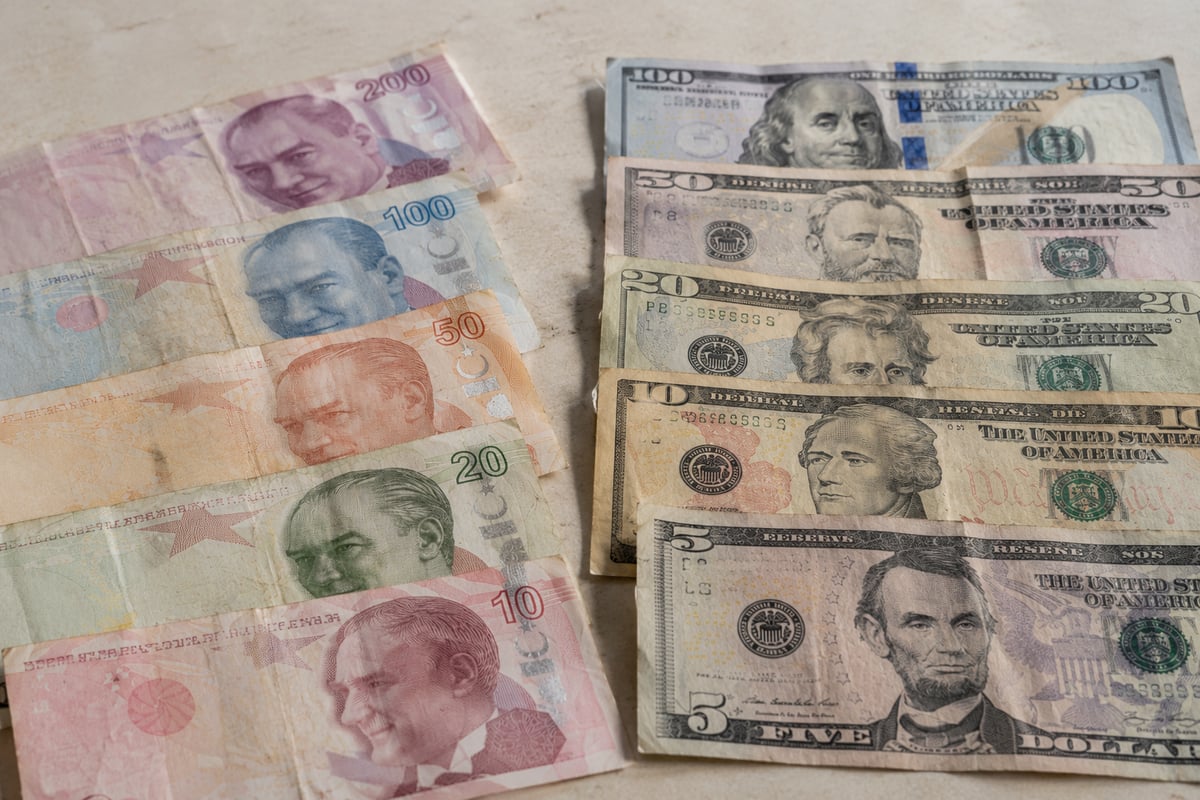 Turkish lira and US dollar notes side by side on a plain surface, currency only, no hands