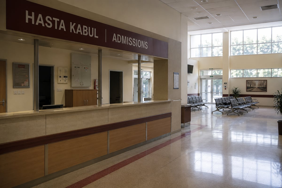 hospital reception or admissions desk, wide and anonymous, no patients, no faces, no visible documents