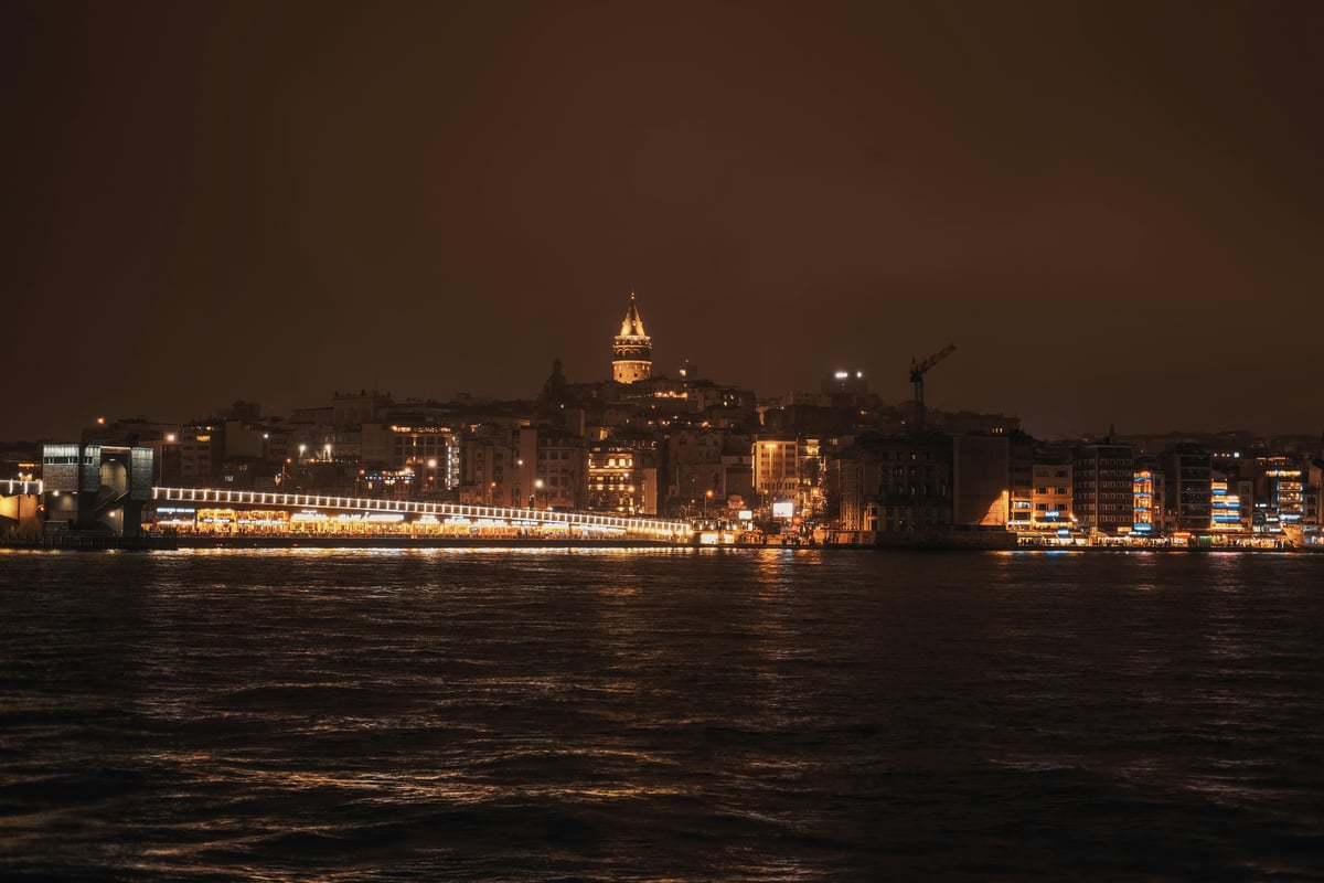 Istanbul's old city skyline of domes and minarets seen from the water at dusk