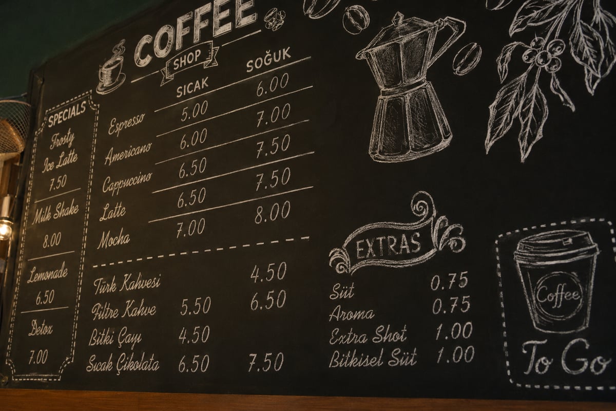 a Turkish shop window or cafe board with handwritten pricing, no legible numbers, no people