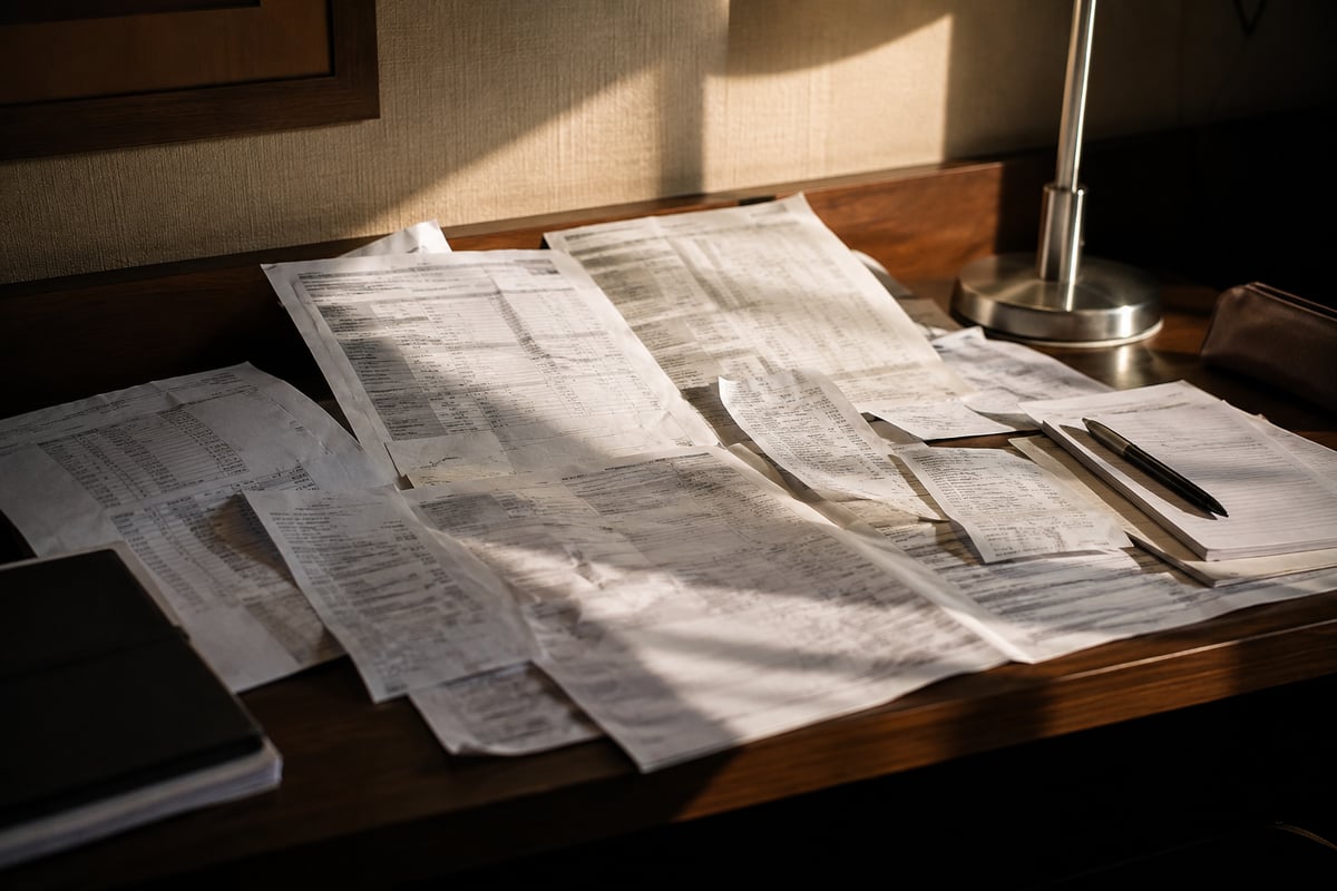 itemised paperwork and receipts on a desk, anonymous, no readable text, no personal details
