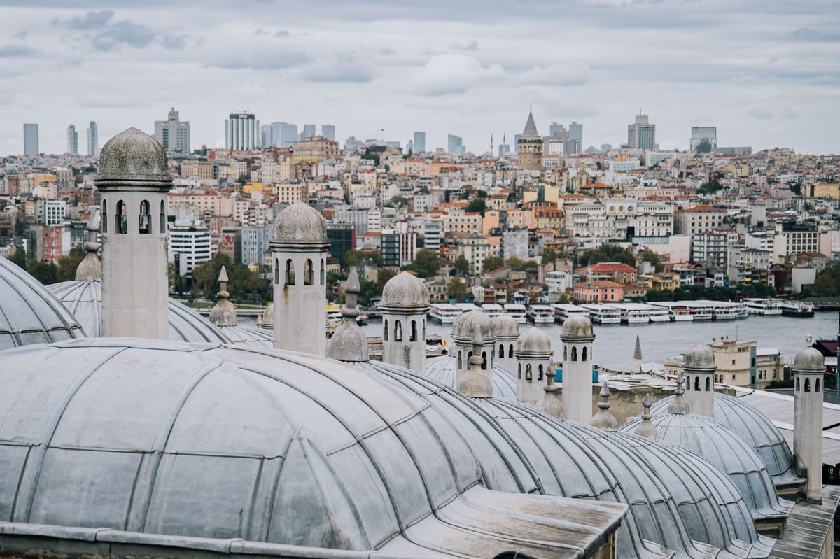 Rooftop terrace view over Sultanahmet with the Blue Mosque domes and minarets at dusk