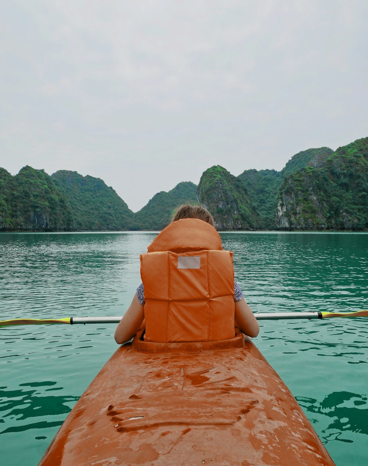 A passenger in a life jacket looking out across Ha Long Bay from a cruise boat