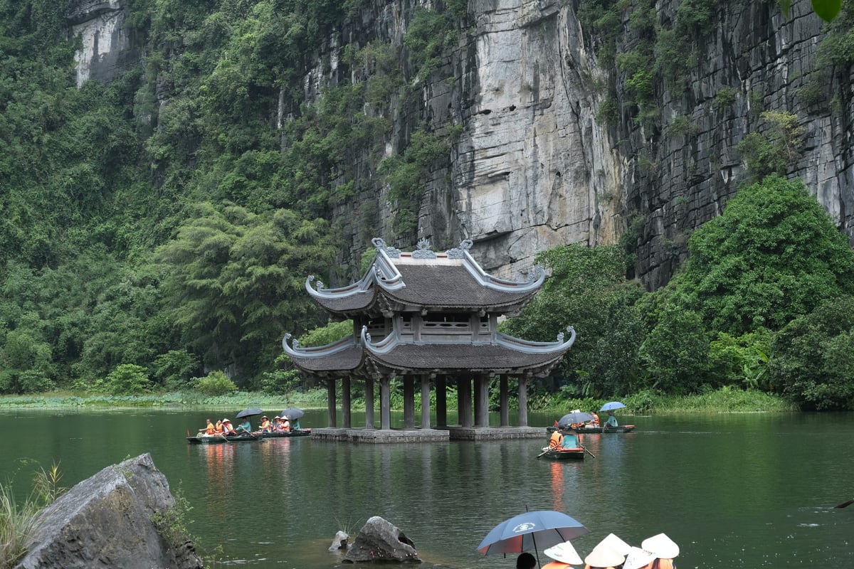Rowing boats on a calm river winding between steep limestone karsts in Ninh Binh