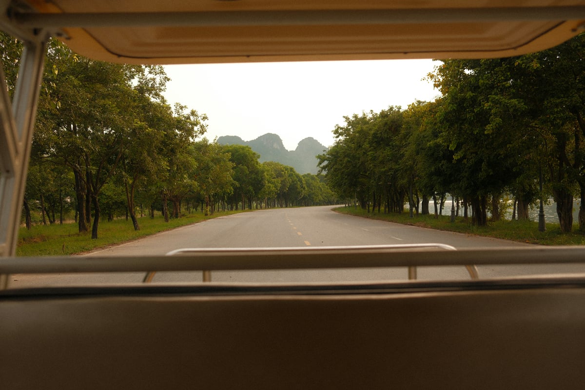 A tree-lined road seen through a vehicle's windscreen, with limestone hills on the horizon