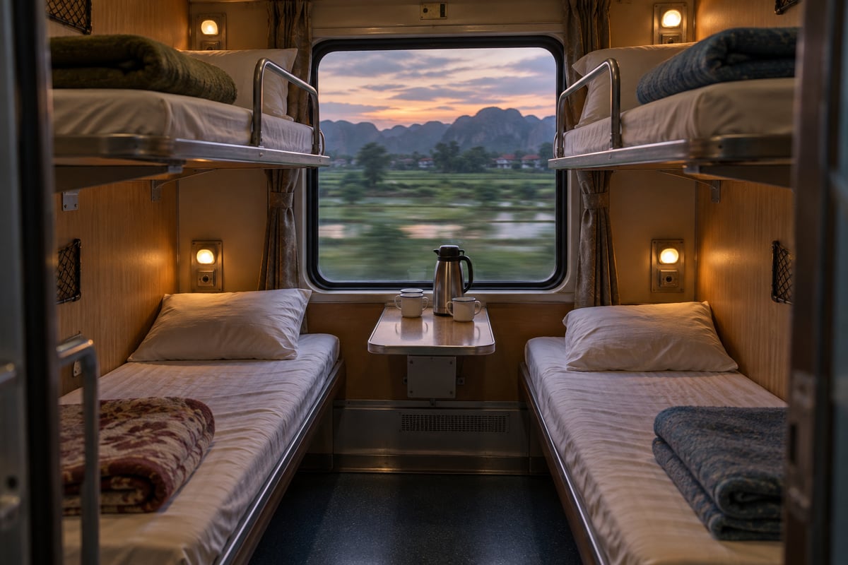 The interior of a four-berth sleeper compartment on a Vietnamese overnight train at dusk