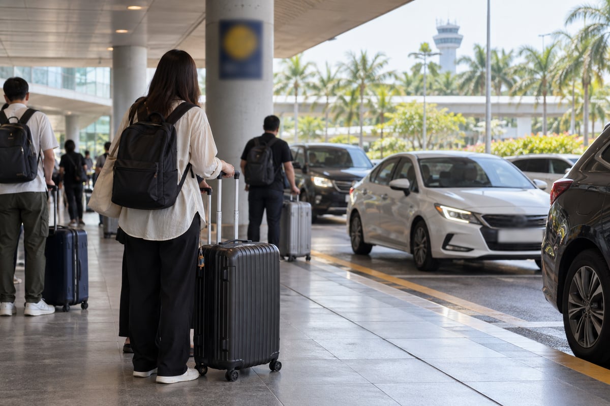 Travellers with suitcases waiting at the ride-hailing pickup bay outside a Vietnamese airport