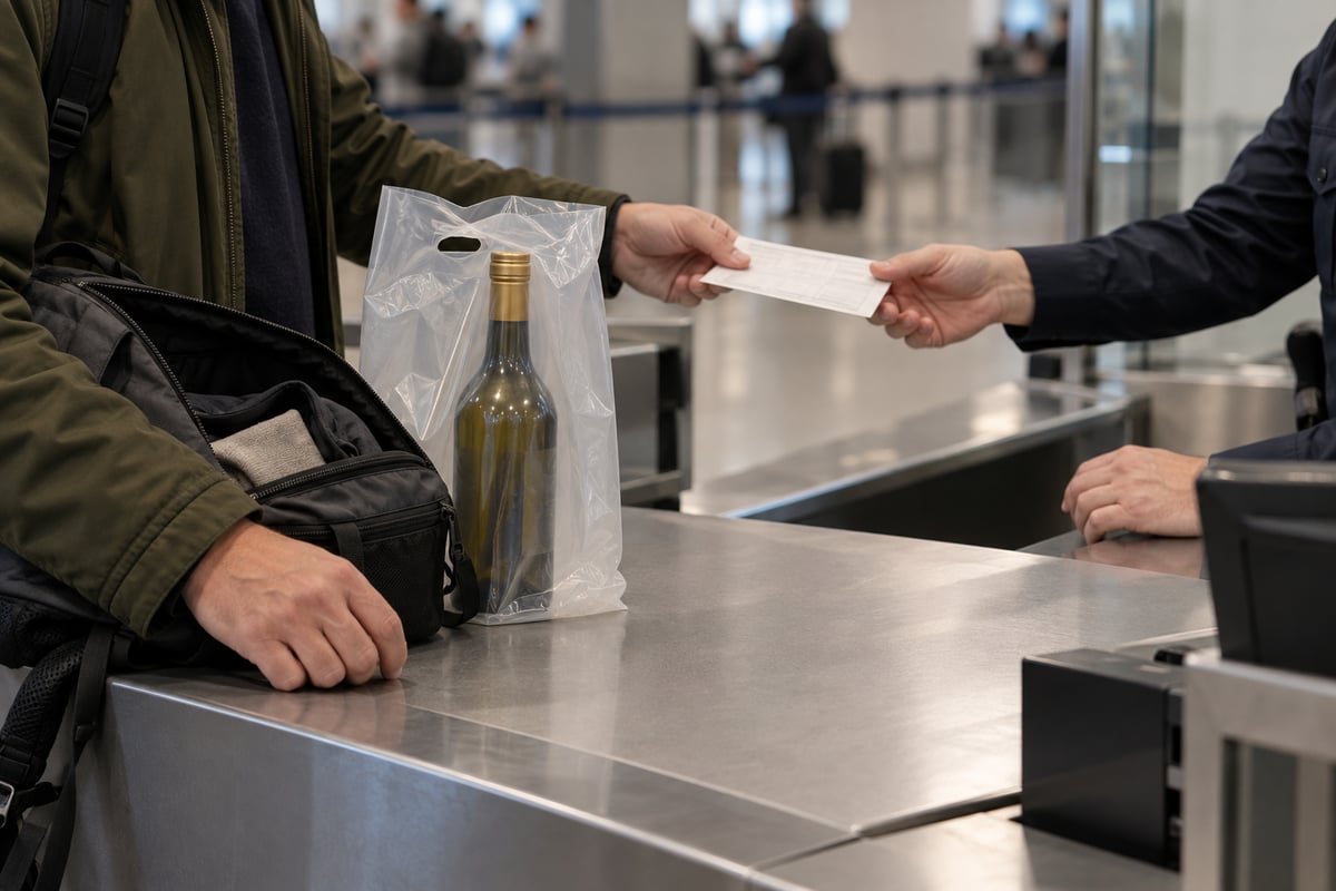 A traveller handing a declaration form across an airport customs counter beside a duty-free bag