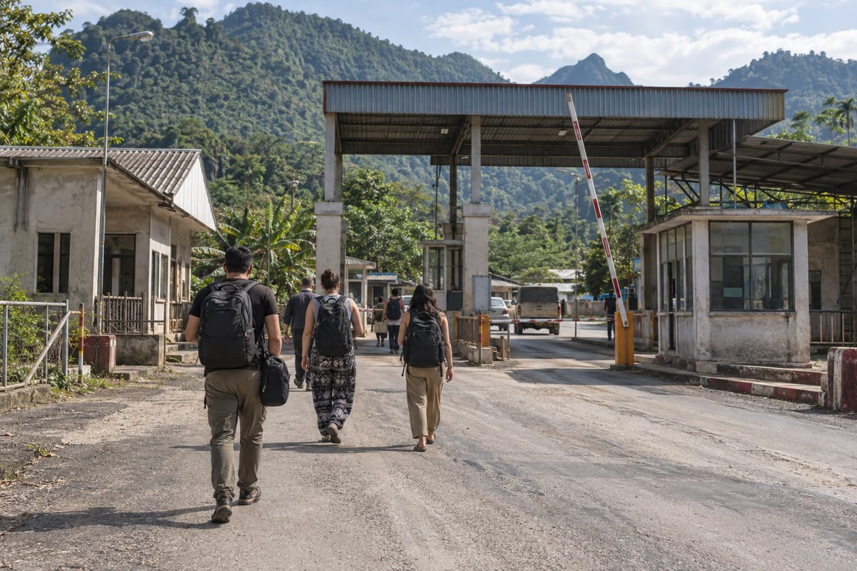 Travellers on foot approaching a quiet Southeast Asian land border checkpoint below green hills