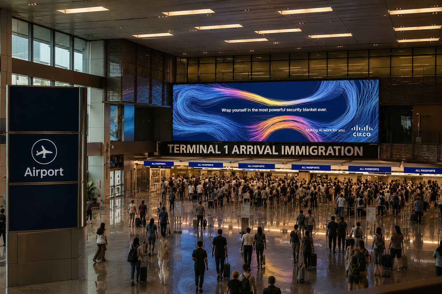 A passport at an automated border e-gate, or an airport immigration hall