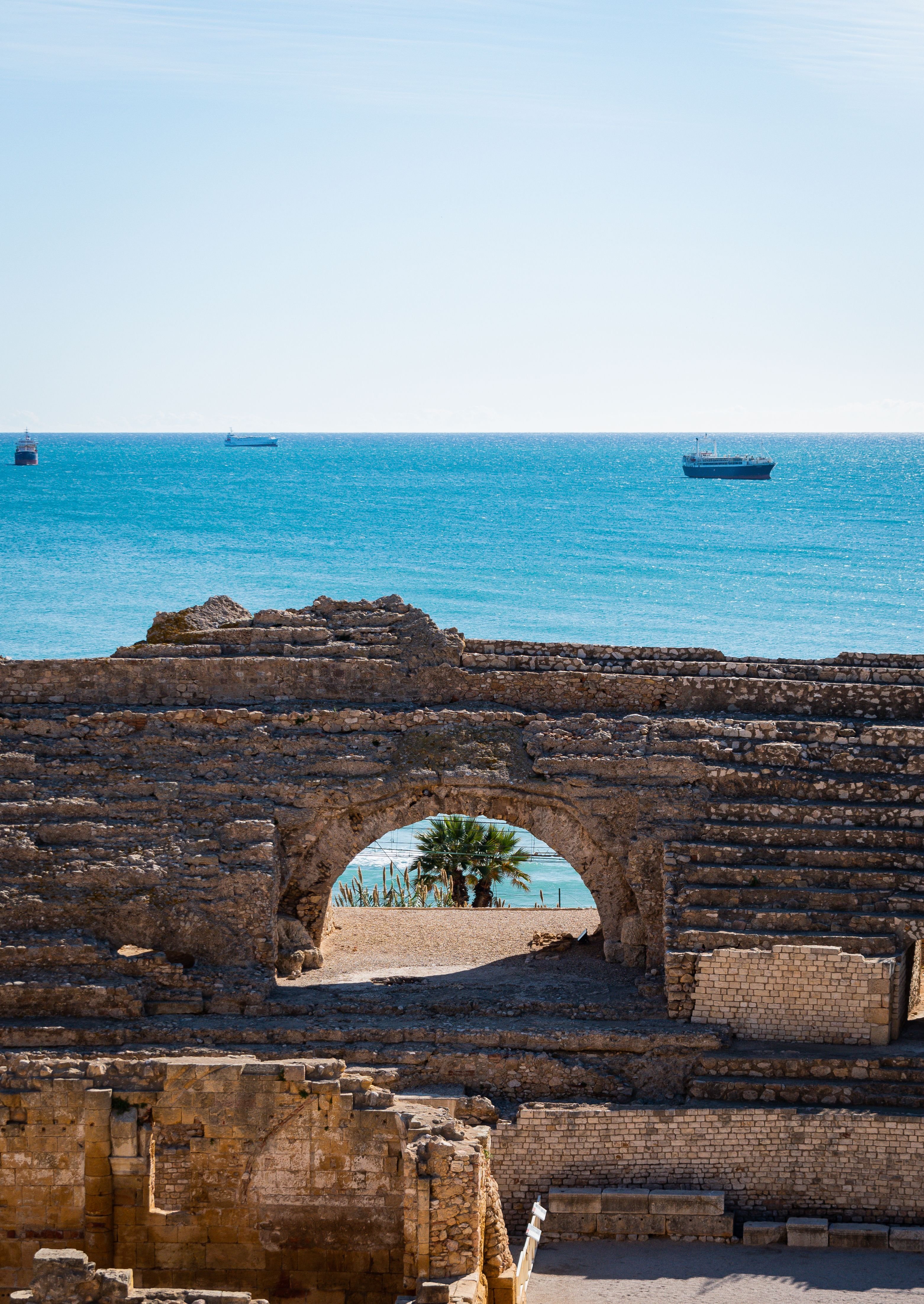 The Roman amphitheater of Tarragona overlooking the Mediterranean Sea