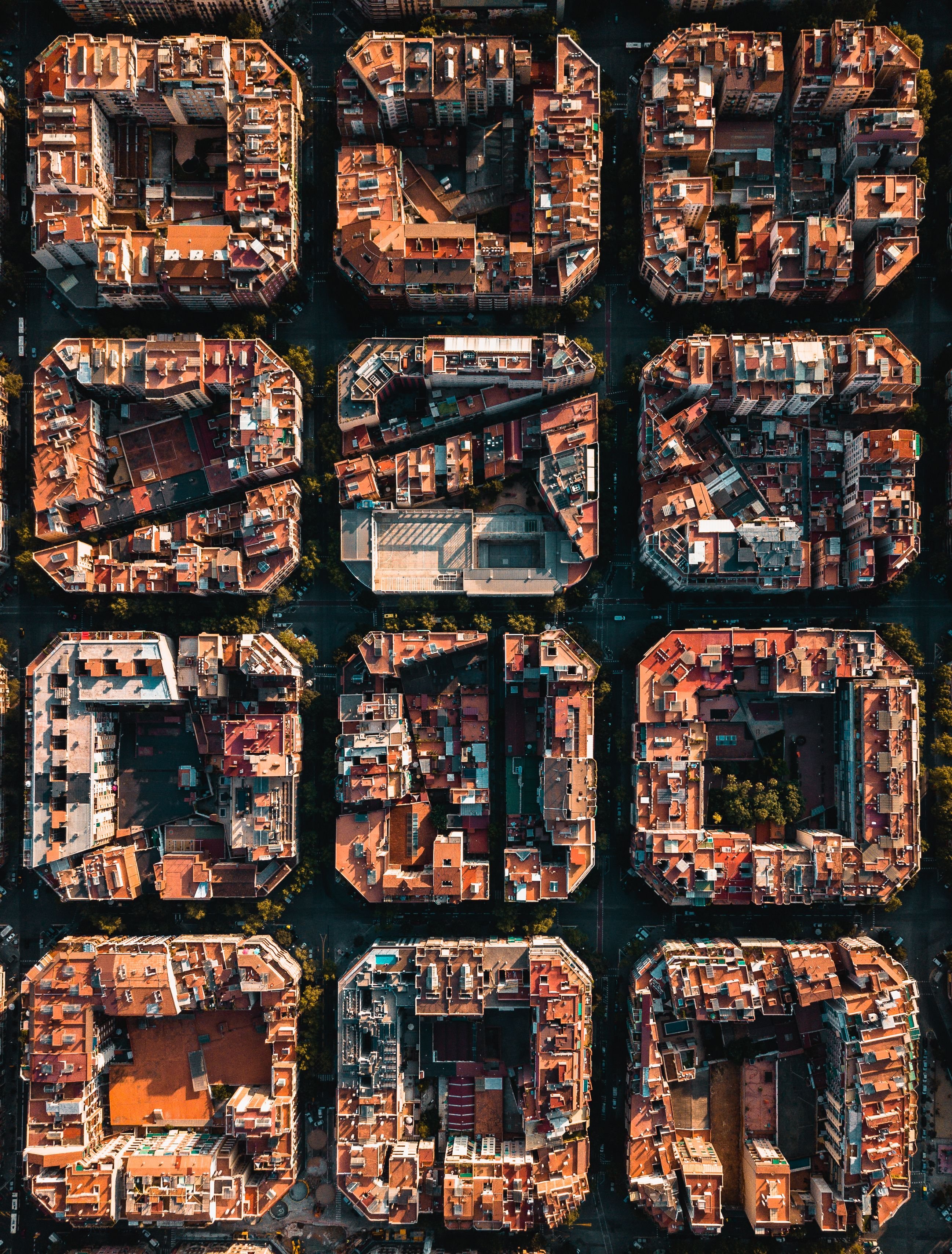 Aerial or elevated view of the Eixample grid with its chamfered corners, golden hour