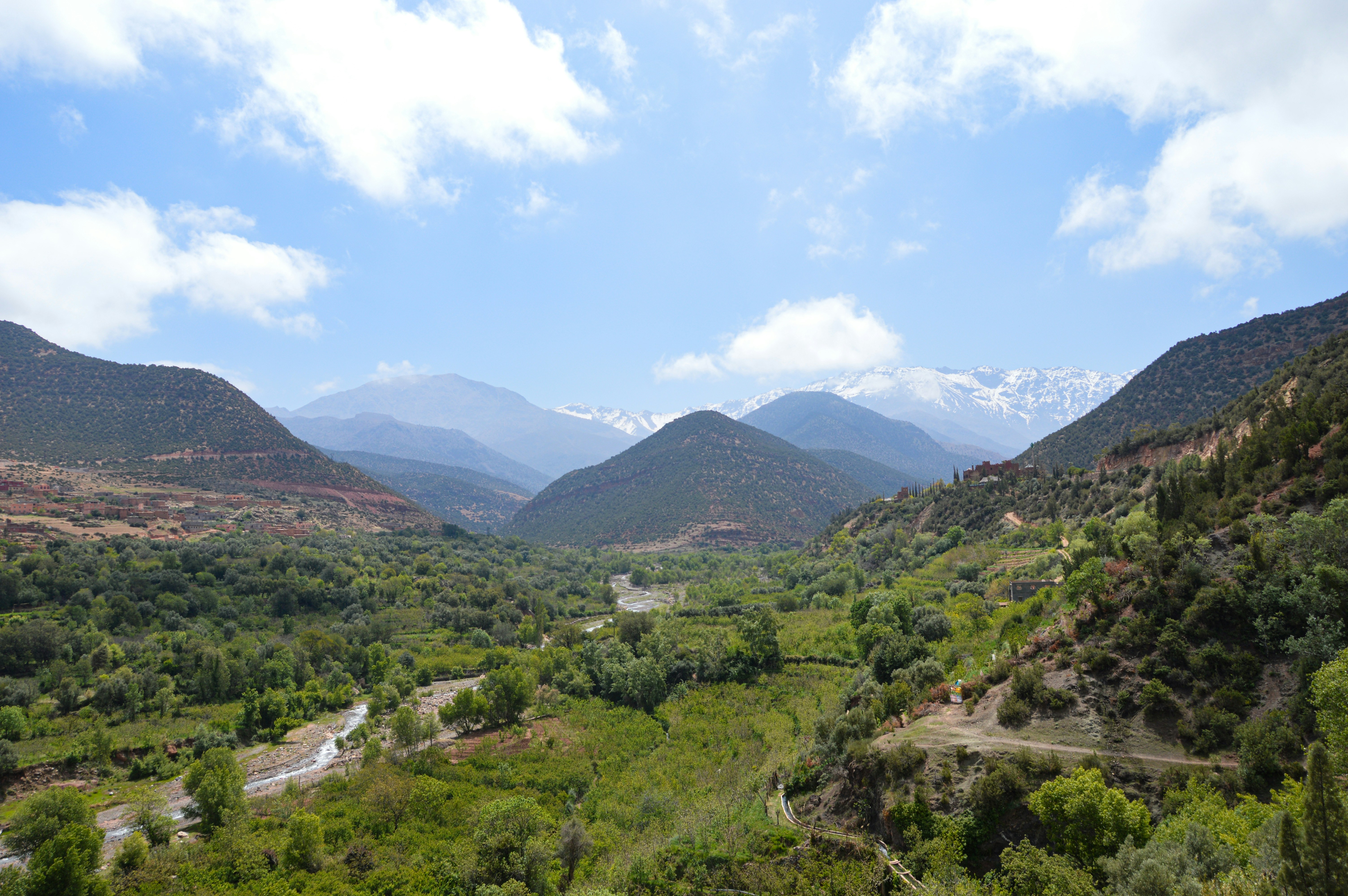 Snow-dusted High Atlas peaks above a Moroccan village in winter